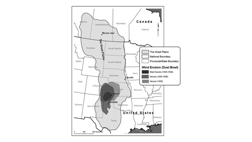 Map showing boundaries of Dust Bowl