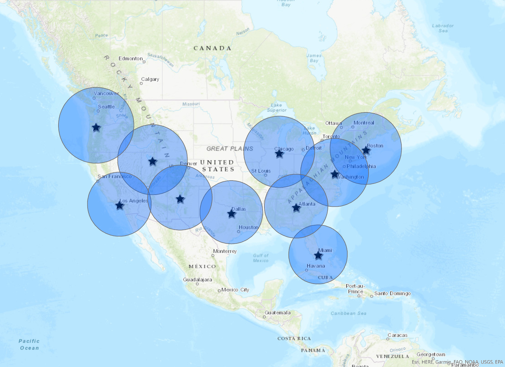 A map of the continental US showing 10 node cities and a 350-mile buffer around them