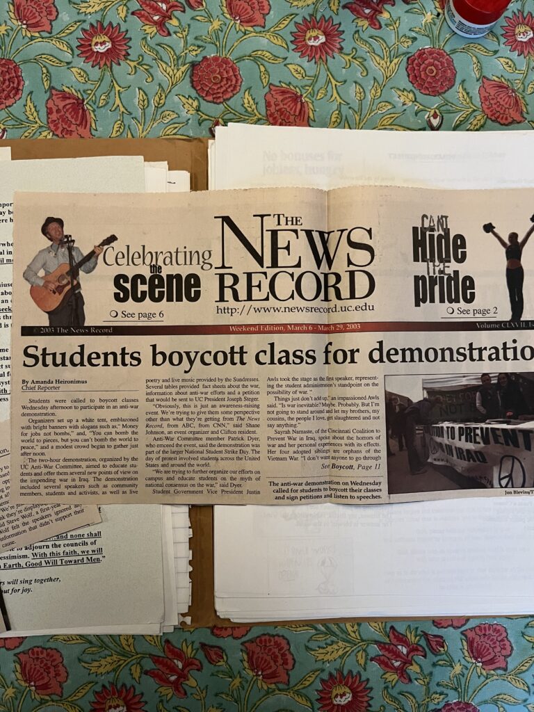 Clipping from the University of Cincinnati News Record about student anti-war protests