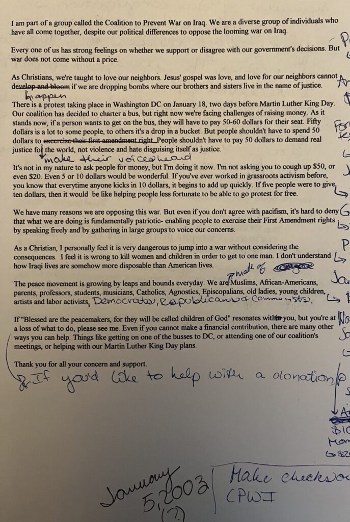 Copy of speech opposing the Iraq War written by the author as a teenager