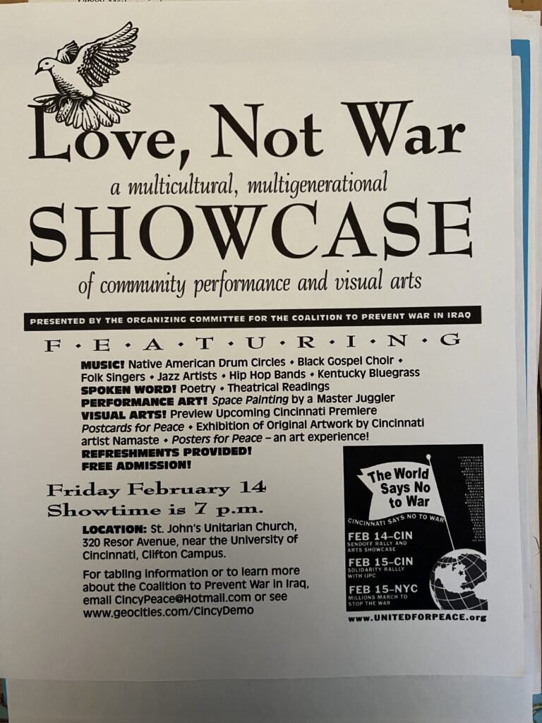 Flyer advertising a "Love Not War" showcase in February 2003