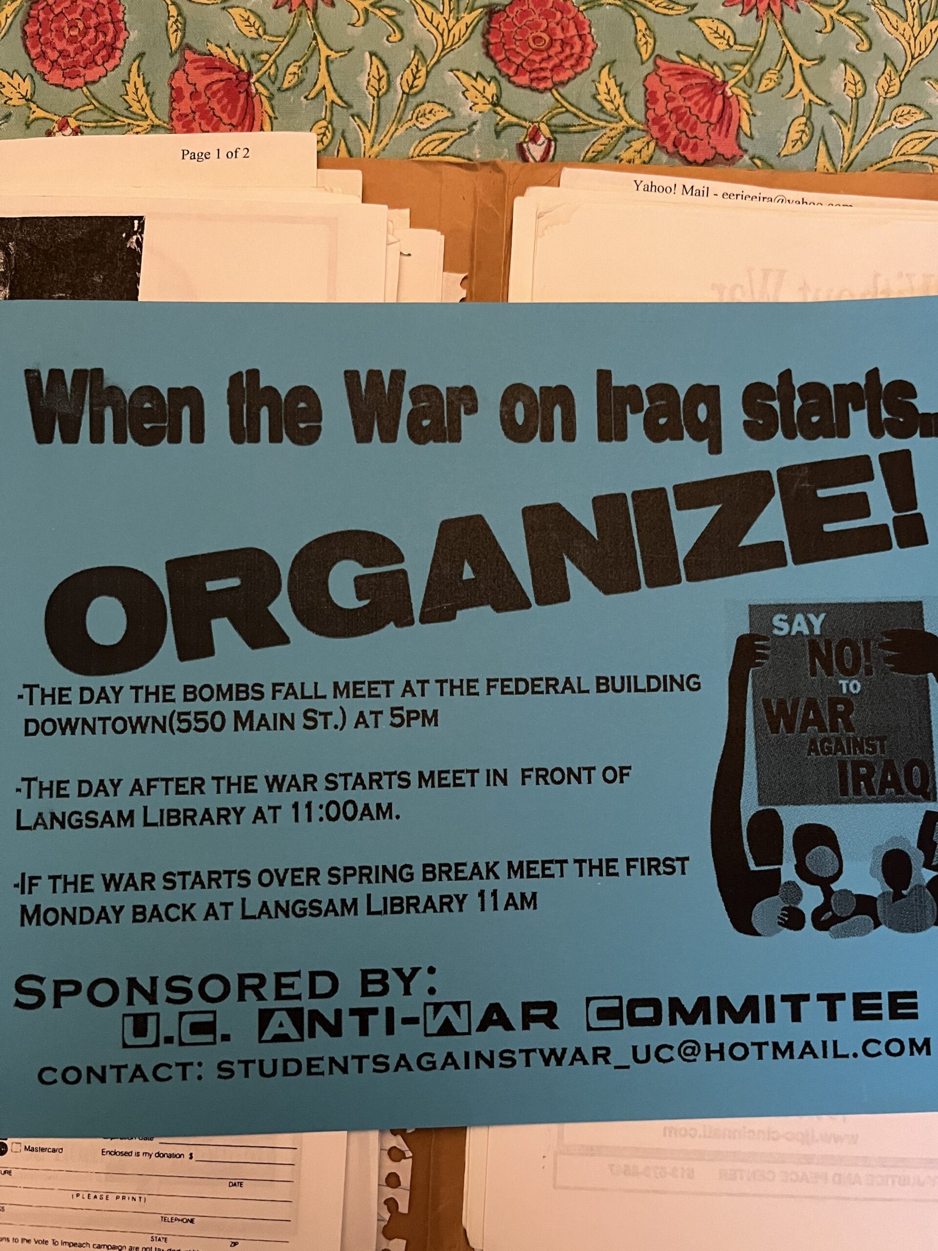 Flyer from UC Anti-War Committee advertising demonstration plans to protest the beginning of Iraq War