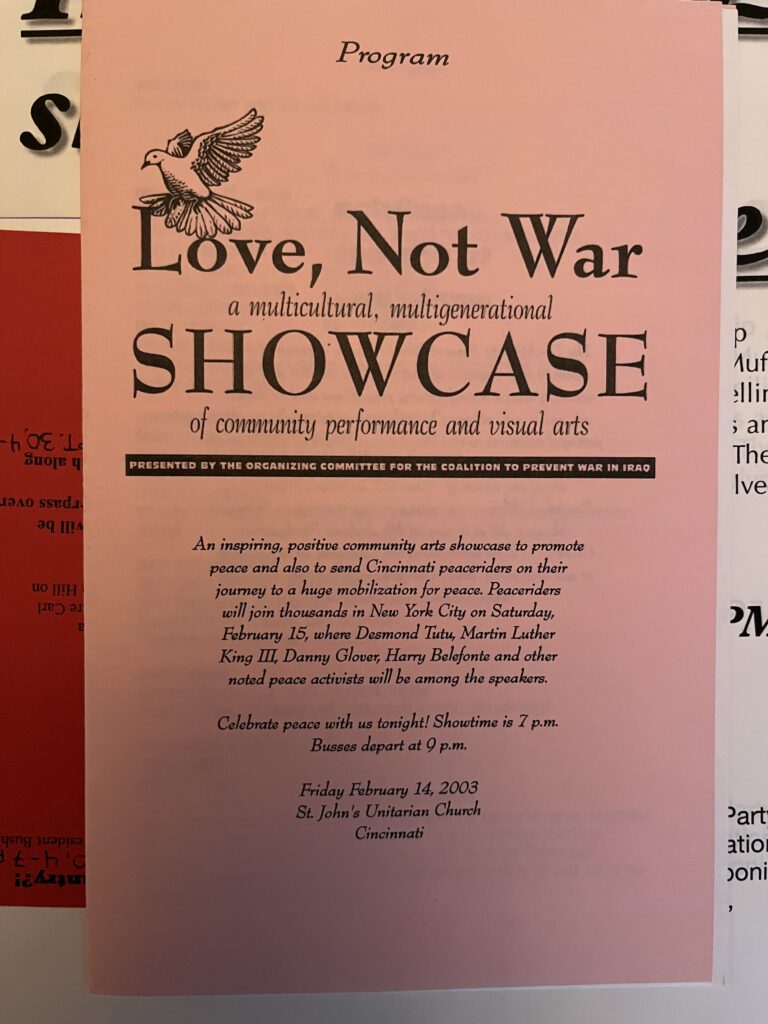 Program from "Love Not War" showcase on February 14, 2003